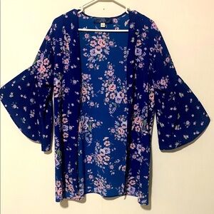 Blue Rain Floral Print Bell Sleeve Kimono Style Cardigan